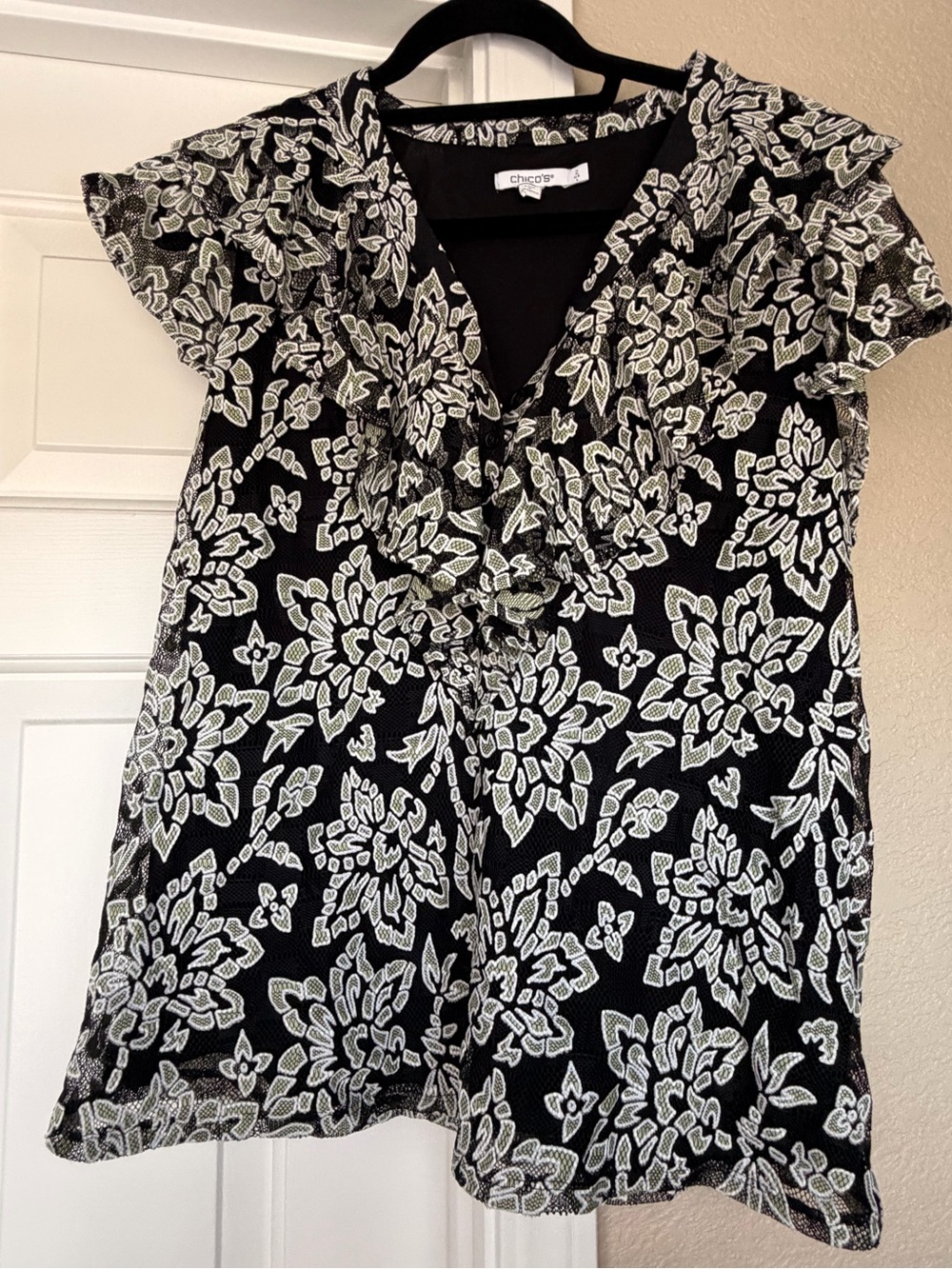 Chico's Black, mint green and White Floral Ruffle V-Neck Blouse